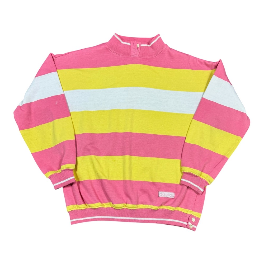 Vintage Adidas Cotton Blend Striped Pink/Yellow/White Sweatshirt Women's L FLAWS